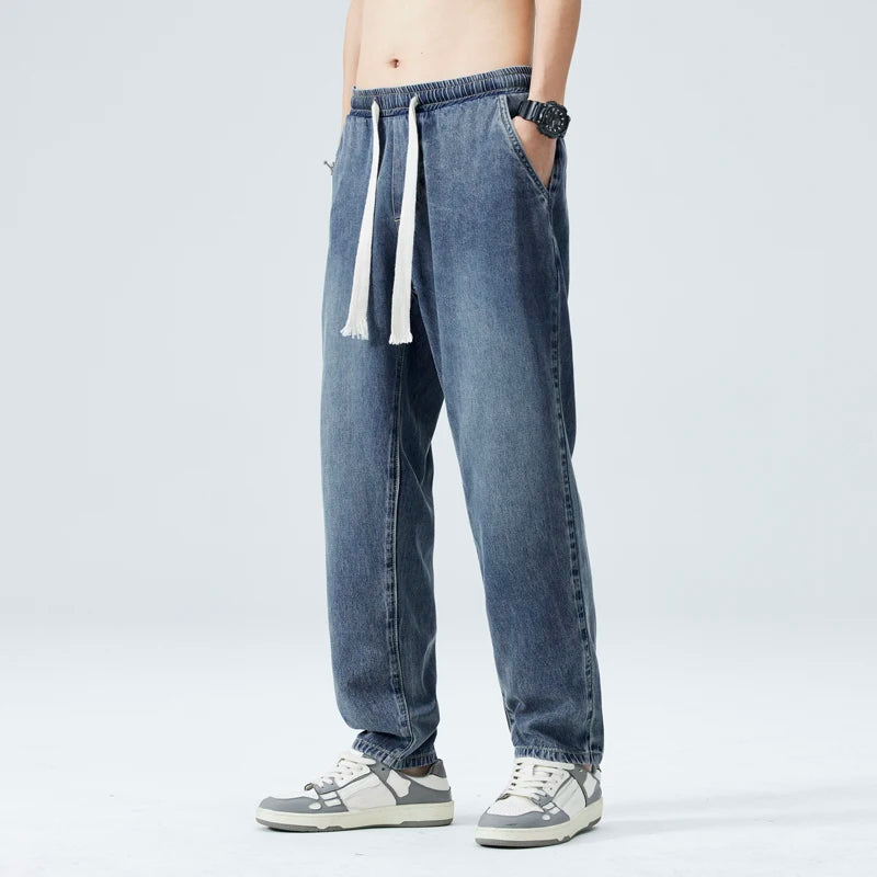 Men's Jeans Thin Loose Taper Pants Elastic Waist Drawstring Casual Trousers