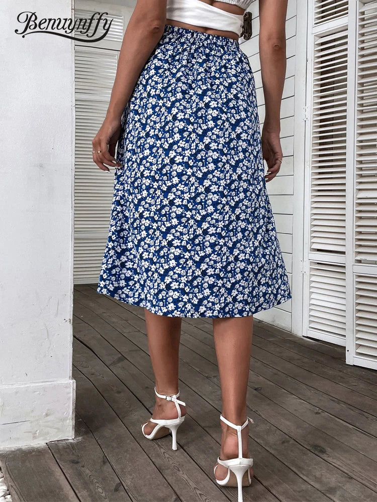 Floral Print Ruffle Trim Midi Skirts A-line High Elastic