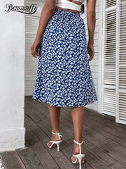 Floral Print Ruffle Trim Midi Skirts A-line High Elastic