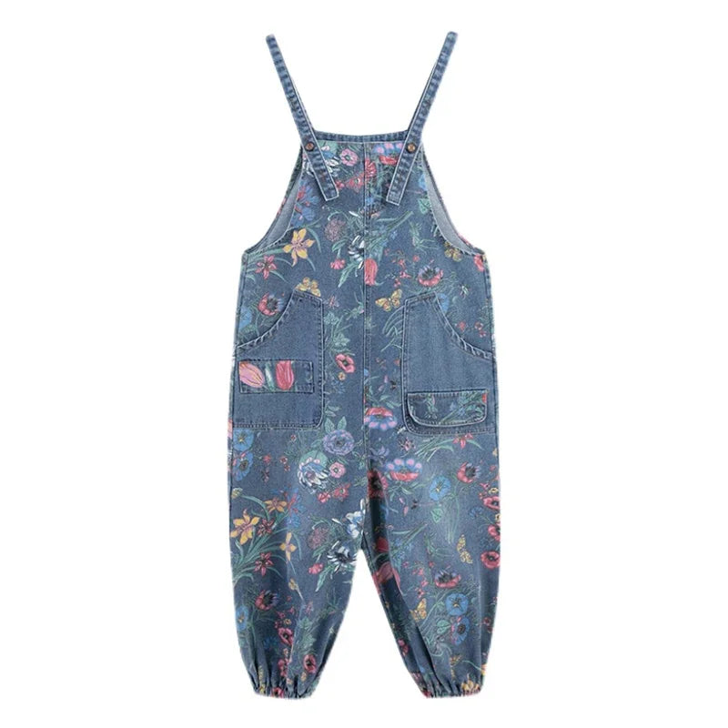 Fashion Streetwear Print Floral Denim Overalls