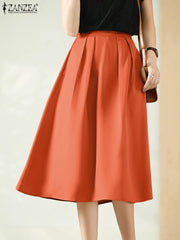 High Waist Pleated A-line Elegant Casual Solid Color Midi Skirts