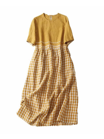 Loose Plaid Short Sleeve O-Neck Vintage Daily Dress