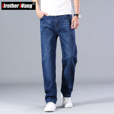 Classic Men's Thin Blue Jeans Stretch Loose Straight Denim Trousers