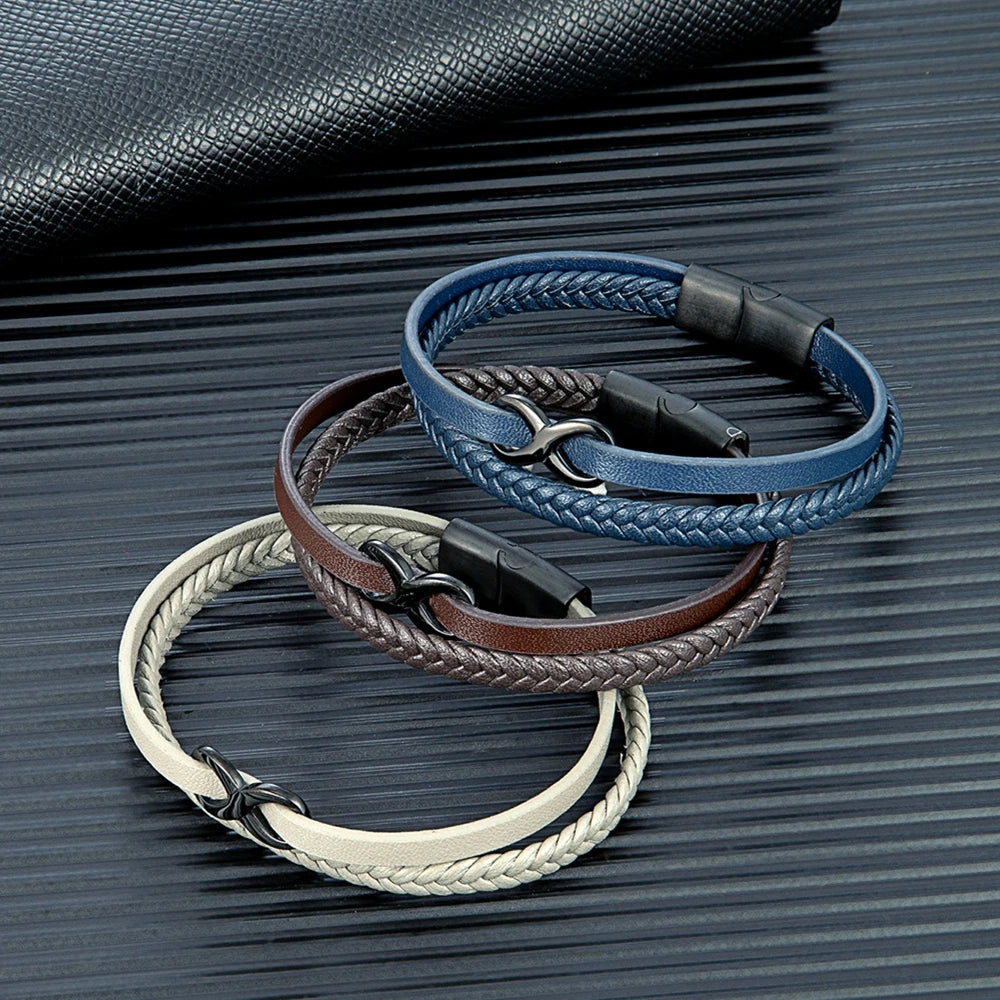 Classic Men Multilayer Black Braided Leather Bracelets