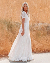 Fashion Women Deep V-neck Lace Hollow Out Bohemian Maxi Dress