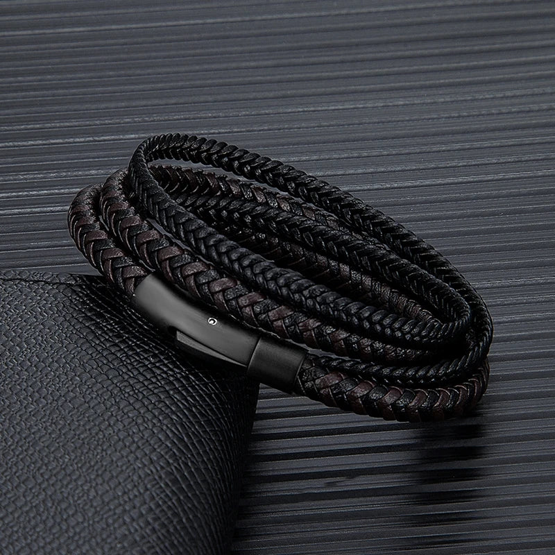 Simple Style Men Double Layer Leather Bracelet