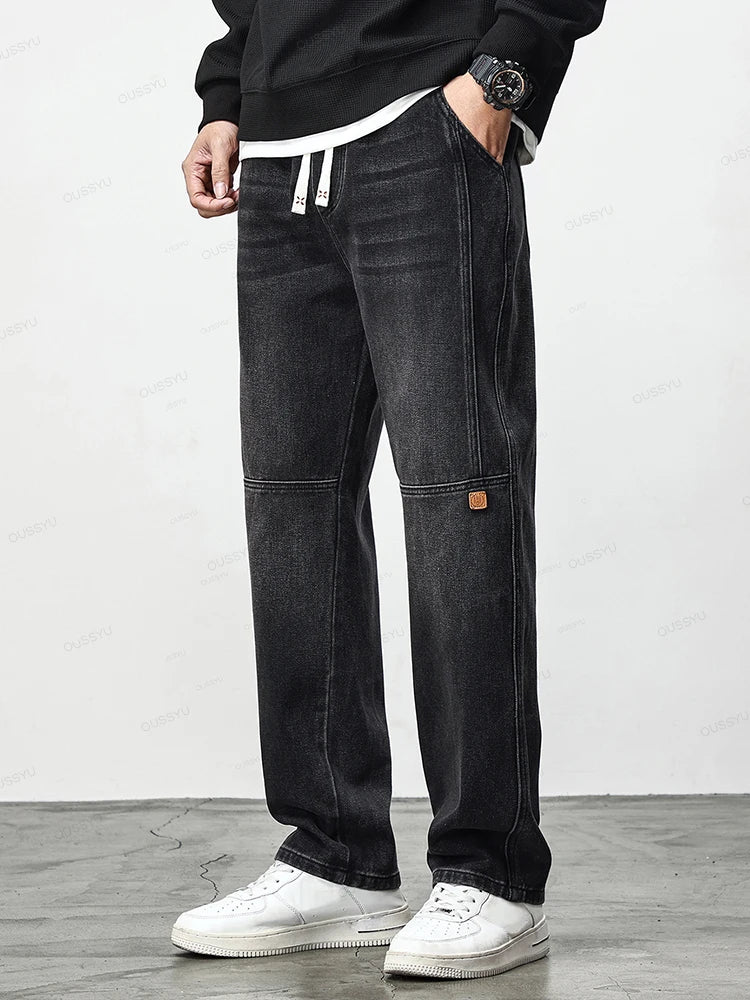 Retro Blue Jeans Men Cotton Straight Pants Elastic Waist Casual Trousers