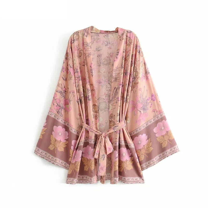 Floral Print Sashes Bat Sleeve Beach Bohemian Kimono Dresses