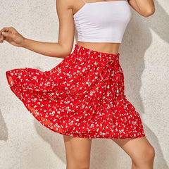 Women Floral Print Summer High Waist Ruffles Short Skirt