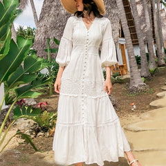 Lantern Sleeve Cotton Splice Lace Long Dresses For Vintage style