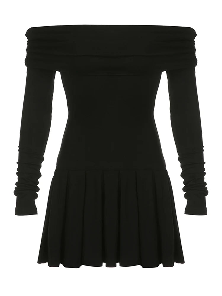 Casual Pleated A-line Dress Solid Black Slash Long Sleeve All-match