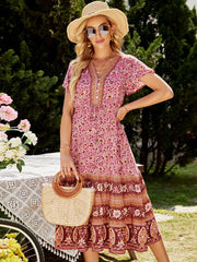 Floral Print Bat Sleeve Beach Bohemian Button V Neck Tassel Maxi Dress