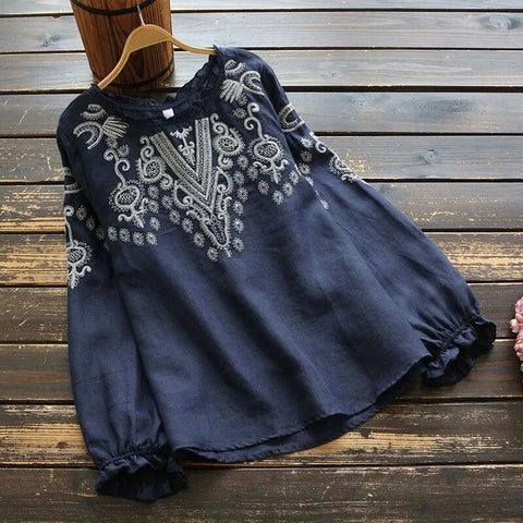 Long Sleeve Ruffles Tops Vintage Embroidery  Casual O Neck