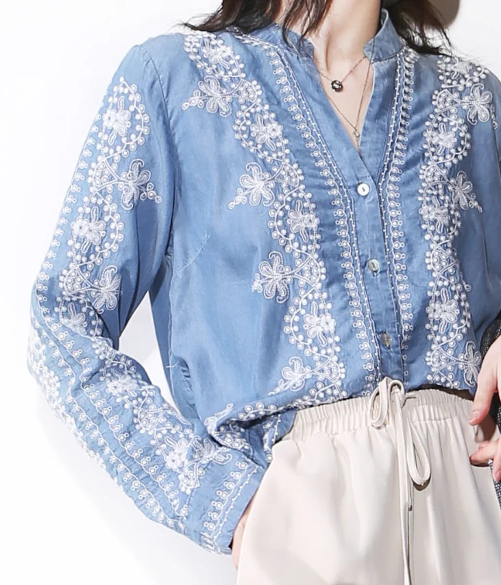 Vintage Floral Embroidery Shirts Blouses Casual