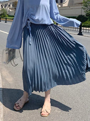 Womens Chic Pleated Swing Long Skirt Elastic High Waist