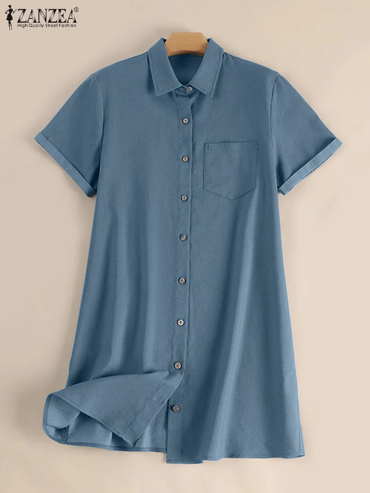 Fashion Denim Shirt Lapel Neck Short Sleeve Sundress