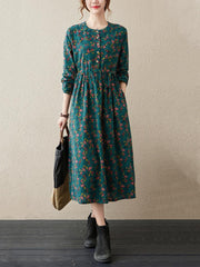 Long Sleeve Cotton Linen Vintage Floral Print Dresses