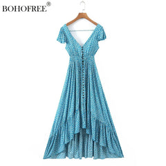 Boho Cut Out Dress Floral Print Maxi Hippie Dress