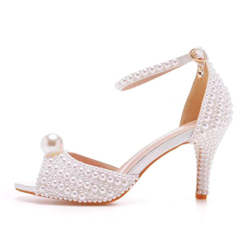 White Pearl Sandals Women Open Toe High Heels Shoes Dress