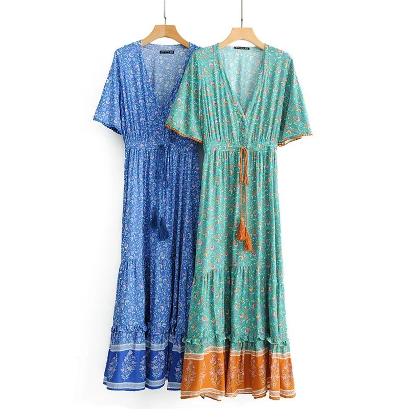 Fashion Floral Print Deep V-neck Tassel Beach Bohemian Maxi Dress