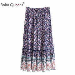 Fashion Hippie Floral Print Beach Bohemian Pleated Skirt A-Line Maxi Skirt