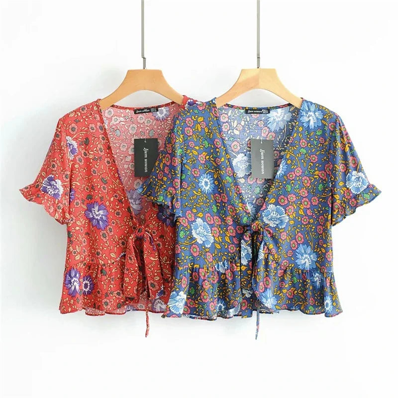 Boho Bow Neck Floral Print  Bohemian Blouse