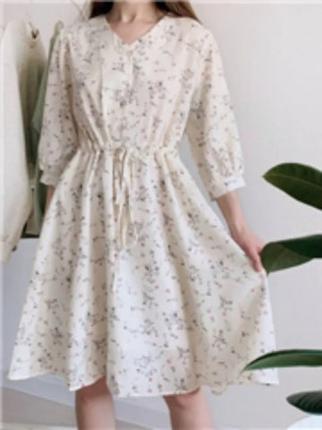 Flower Print Long Vintage Dresses Oversize Short Sleeve
