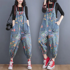 Fashion Streetwear Print Floral Denim Overalls