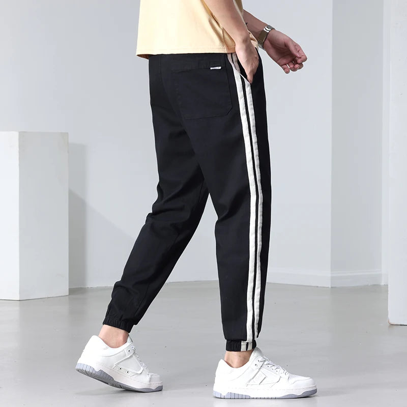 Side Pipeline Pants Elastic Waist Drawstring Men's Trousers