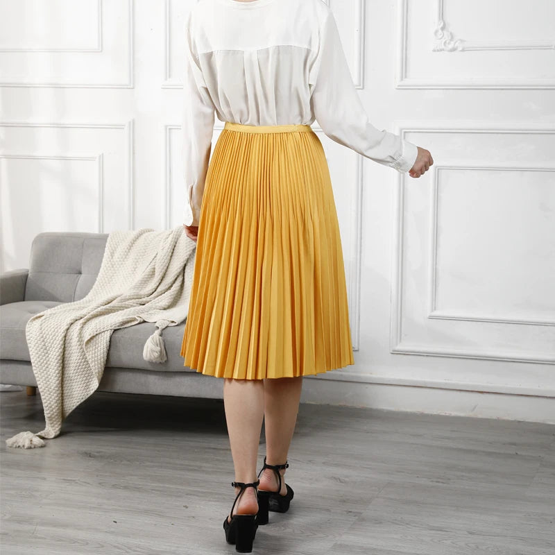 Women's Elegant Solid Color Pleated High Waist A-Line Midi Skirts