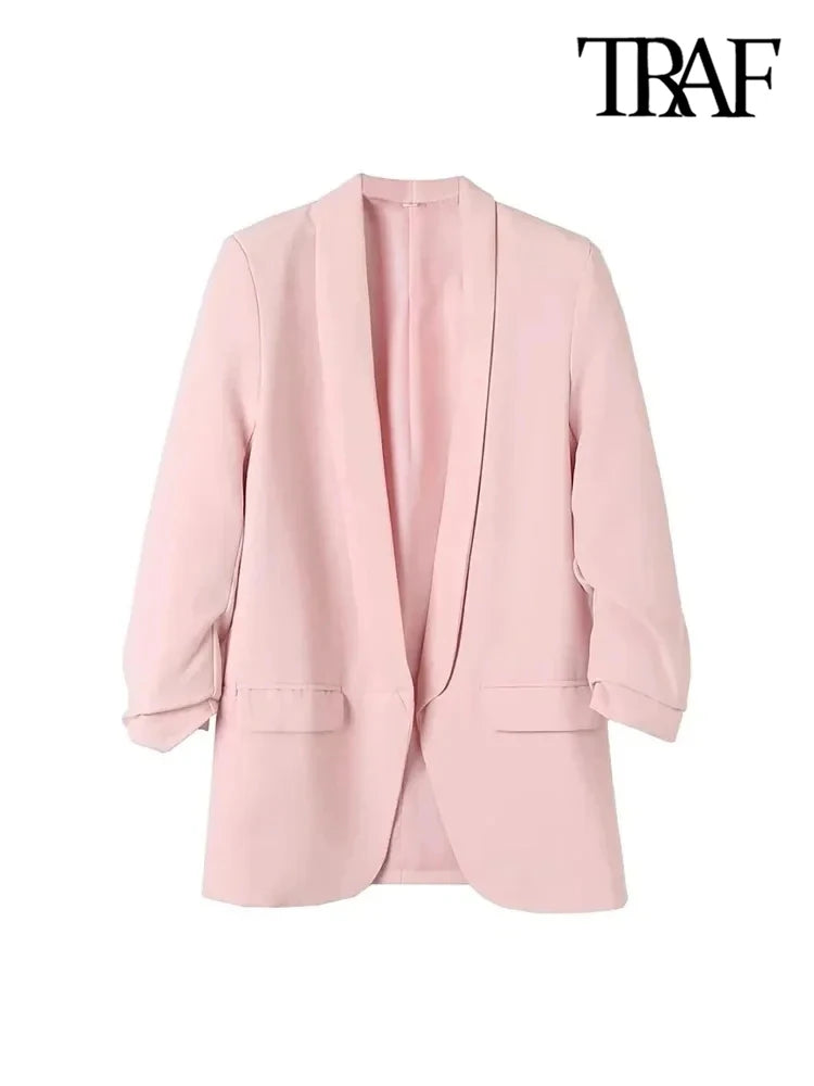 Fashion Office Wear Open Blazer Coat Vintage Long Pleated