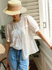 Chic Blouse Shirt French Style Embroidery Hollow Out Sheer