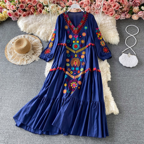 Vintage Dress Floral Embroidery Short Sleeve