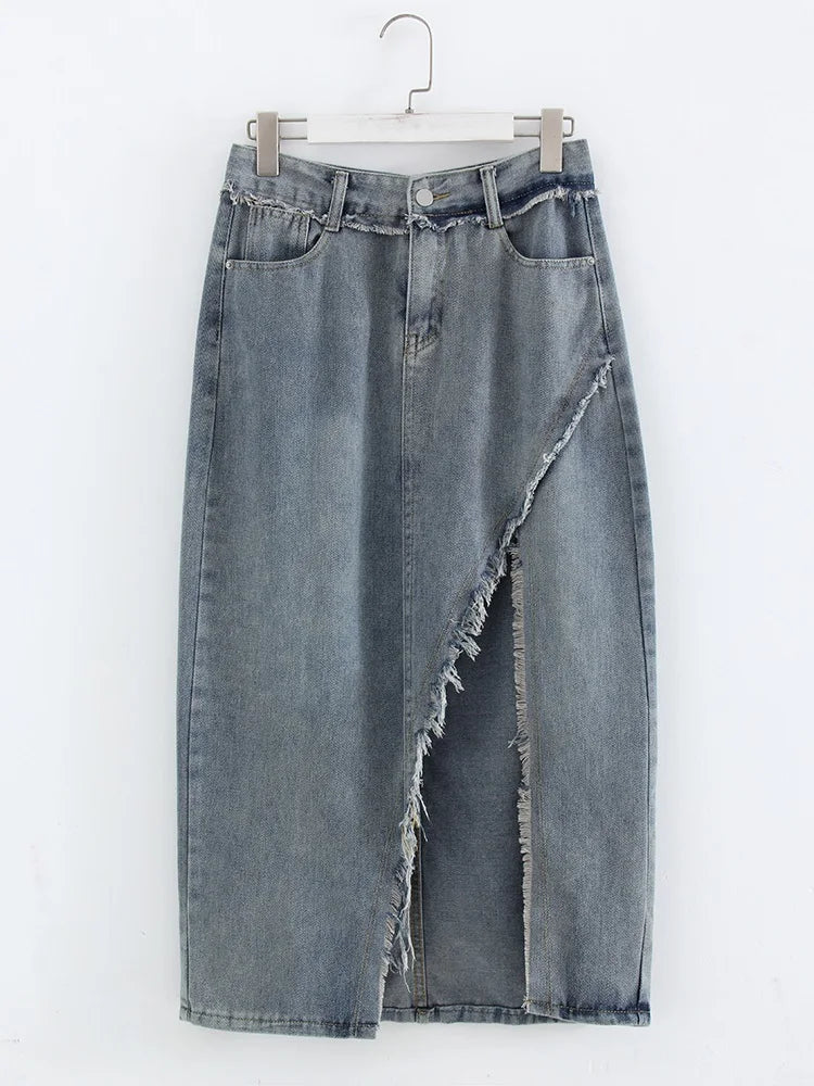 Irregular Split Denim Skirts For Women Midi Casual Denim Skirt