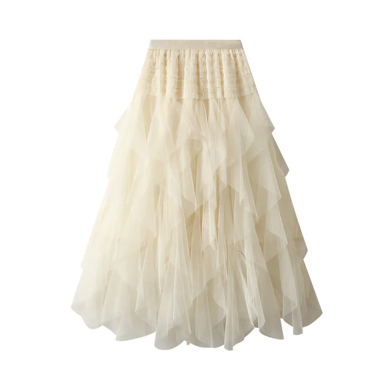 Ankle Length Tulle Tiered Irregular Hem Pleated Long Maxi Skirt