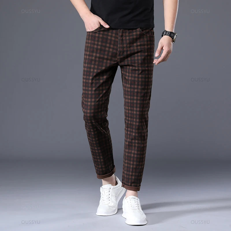 Clothing Plaid Ankle Length Pants Men Retro Business