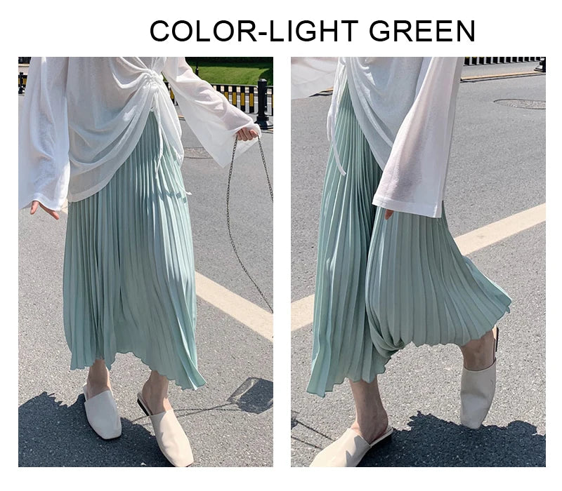 Womens Chic Pleated Swing Long Skirt Elastic High Waist