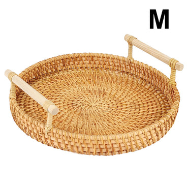 Round Shape With Handle  Basket Handwoven Rattan Storage Tray