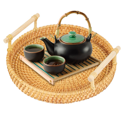 Round Shape With Handle  Basket Handwoven Rattan Storage Tray