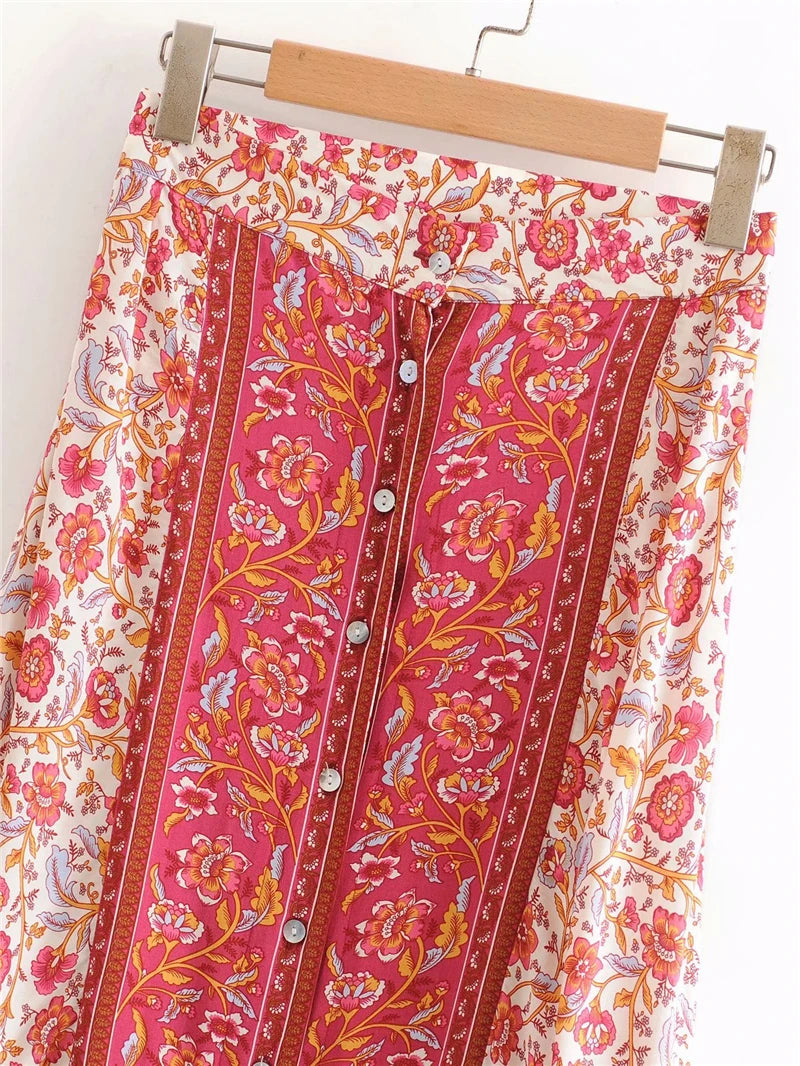 Vintage Chic Hippie Floral Printed High Elastic Waist Beach Bohemian Skirt