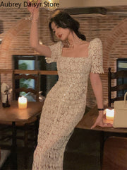 Long Lace Dress Elegant Vintage Chic Design Bodycon Dress