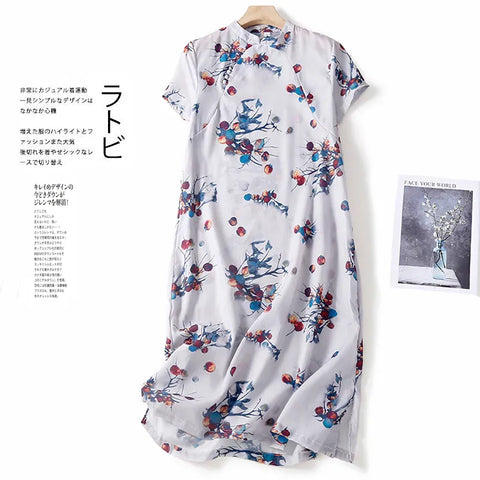 Style Stand Collar Long Dress Vintage Print Casual