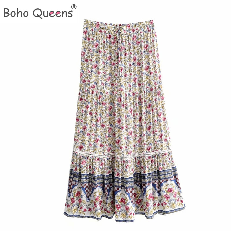 Fashion Hippie Floral Print Beach Bohemian Pleated Skirt A-Line Maxi Skirt