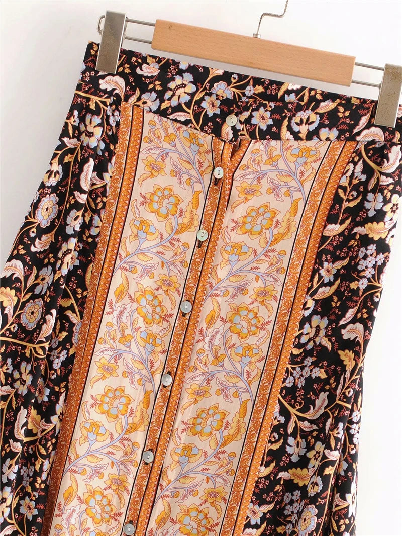 Vintage Chic Hippie Floral Printed High Elastic Waist Beach Bohemian Skirt