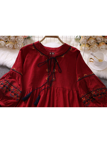 Women Summer Dress Vintage Ethnic Embroidery V-neck Lace Up