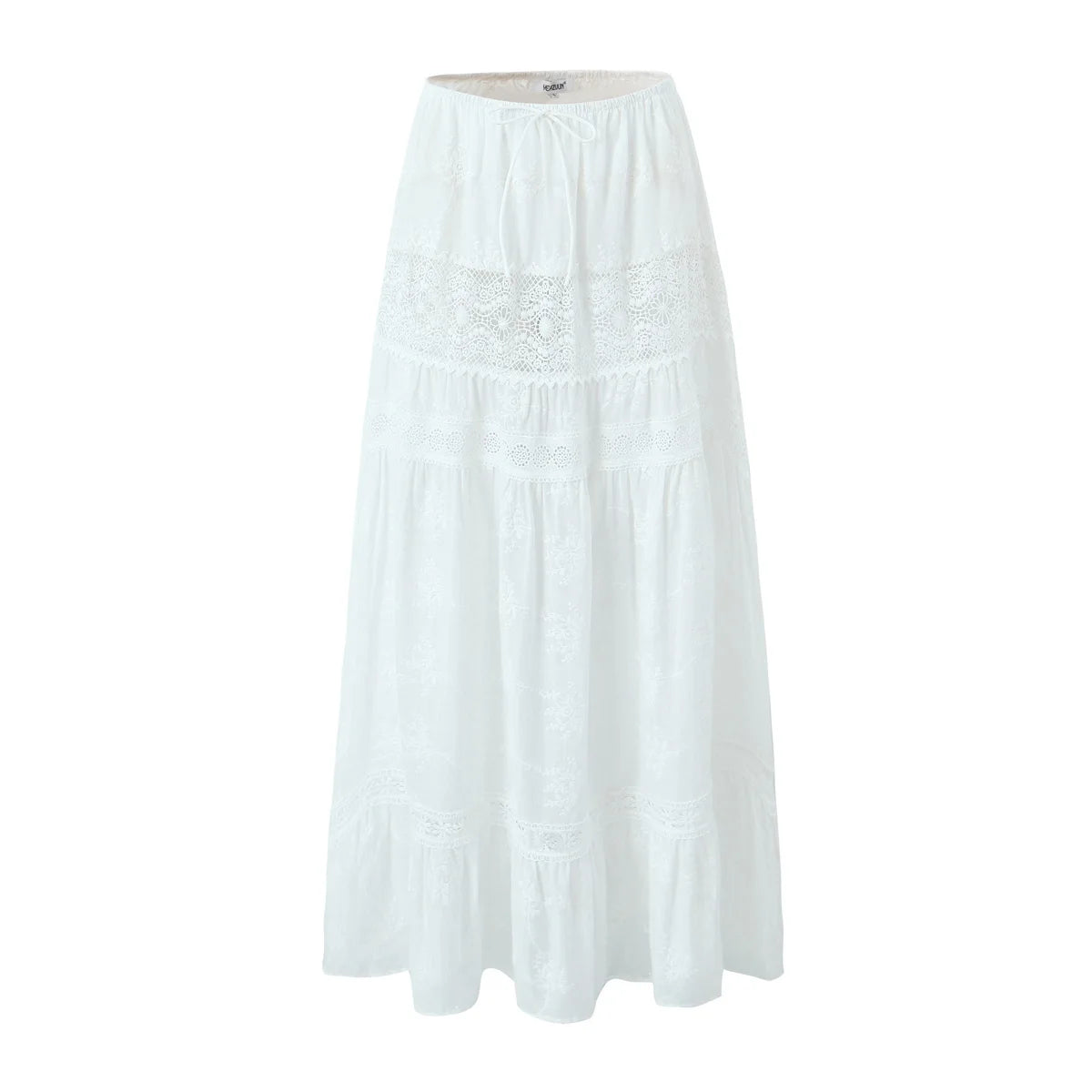 White Embroidery Flower Spliced Lace Elastic Waist Ankle Length Long Skirt