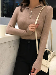 Knitted Women Zipper High Neck Sweater Pullovers Basic Sweaters