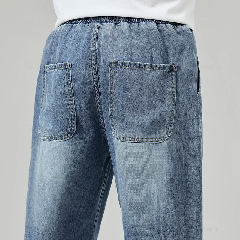 Men's Jeans Loose Straight Pants Elastic Waist Drawstring Trousers Male