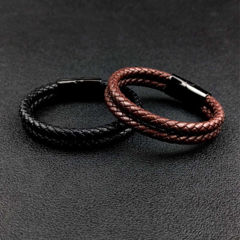 Double Leather Braided Stainless Steel Bracelets