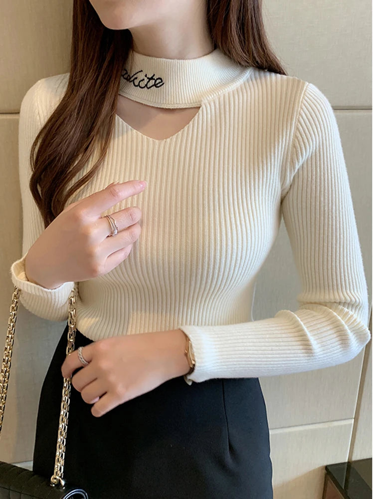 Hollow Out Mock Neck Women Pullover Knitted Sweaters